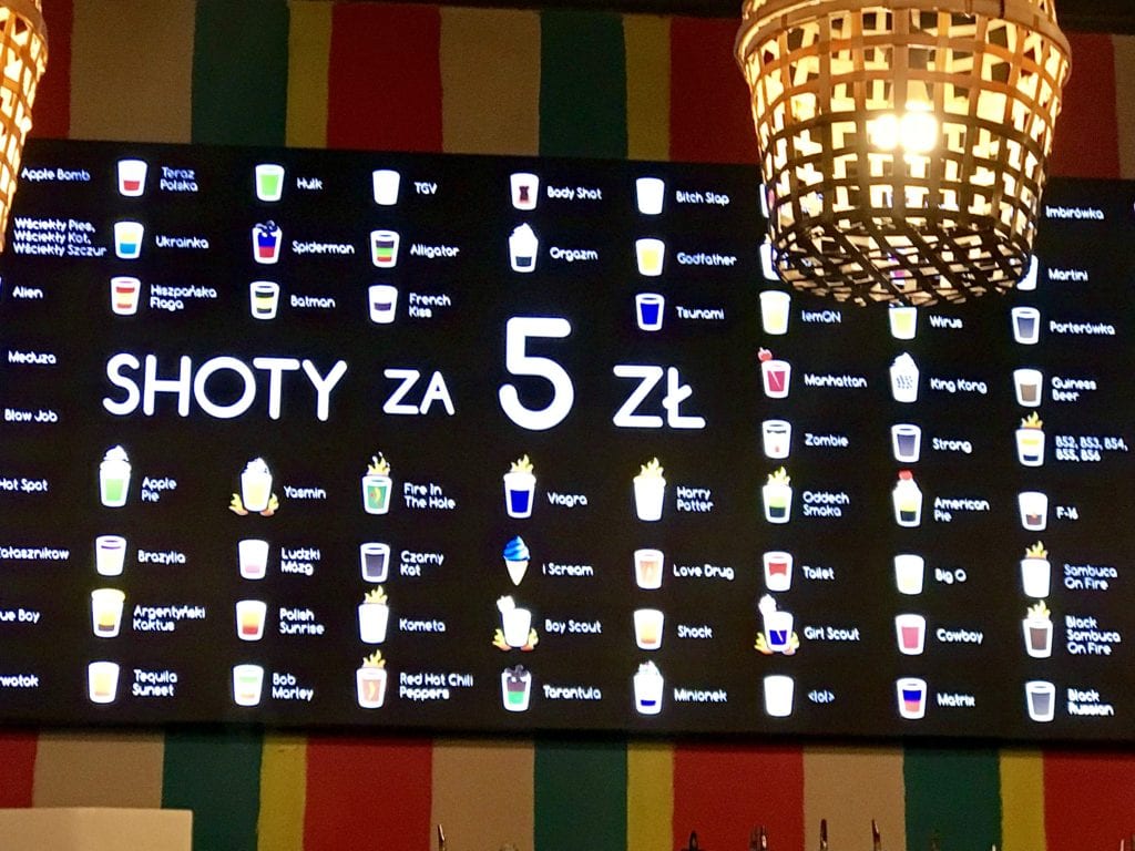 Shot menu at Czupito in Wroclaw